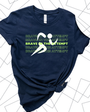 Load image into Gallery viewer, Unisex navy-blue t-shirt with lime green 'Brave in the Attempt' text, part of the Special Olympics summer games at university of Richmond collaboration by Say Hello Threads.