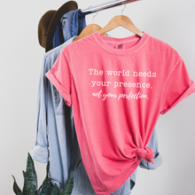 Load image into Gallery viewer, "Presence Over Perfection" unisex Comfort Colors t-shirt by Say Hello Threads, encouraging authenticity over perfection.