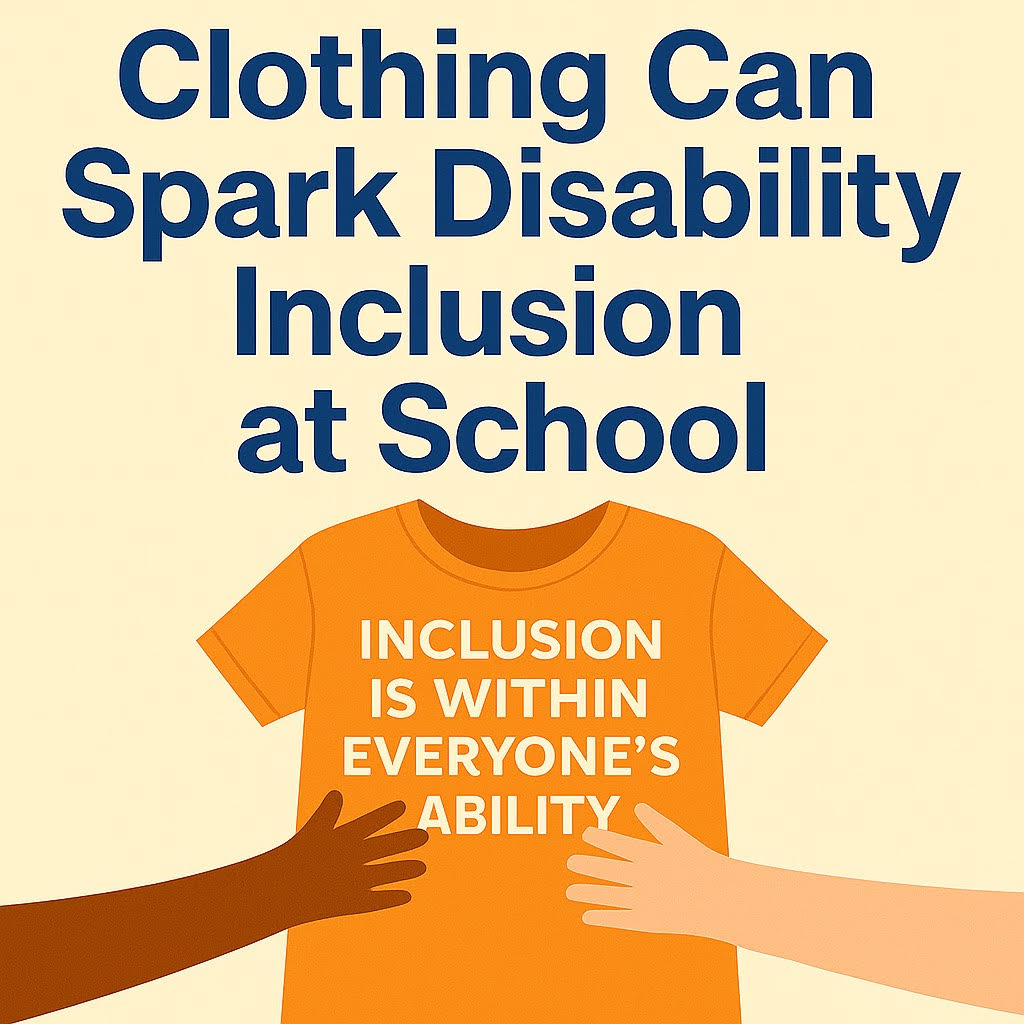 Illustration of an orange t-shirt with the phrase "Inclusion is within everyone's ability," held by two diverse hands, with the title "Clothing Can Spark Disability Inclusion at School" above.