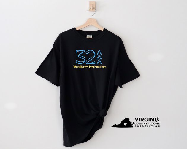 Black t-shirt with blue and yellow design on a white background, featuring the Virginia Down Syndrome Association logo.