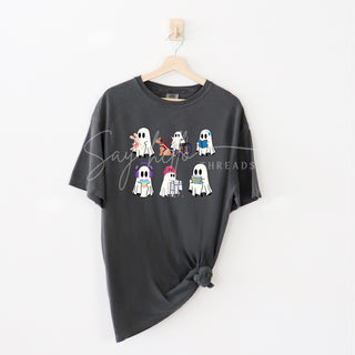Inclusive Ghosts shirt by Say Hello Threads, featuring diverse ghost characters in a colorful print celebrating disability awareness and inclusion.
