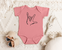 Load image into Gallery viewer, &quot;Love Needs No Words&quot; infant onesie by Say Hello Threads, highlighting love through American Sign Language.
