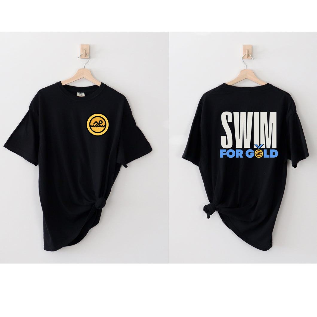 Unisex black t-shirt featuring 'Swim for the Gold' design, supporting summer games Special Olympics athletes.

