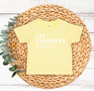 'Let Kindness Ripple' t-shirt by Say Hello Threads, promoting kindness and inclusion with white font in the middle of the shirt.