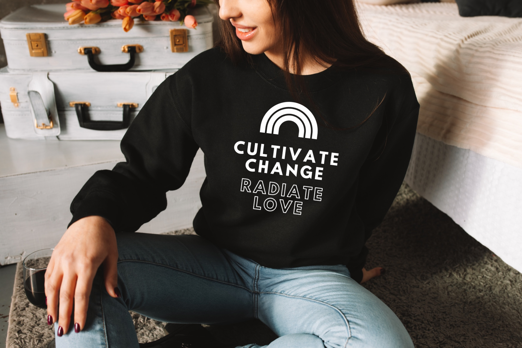 "Cultivate Change" unisex sweatshirt by Say Hello Threads, advocating for social justice and transformation.